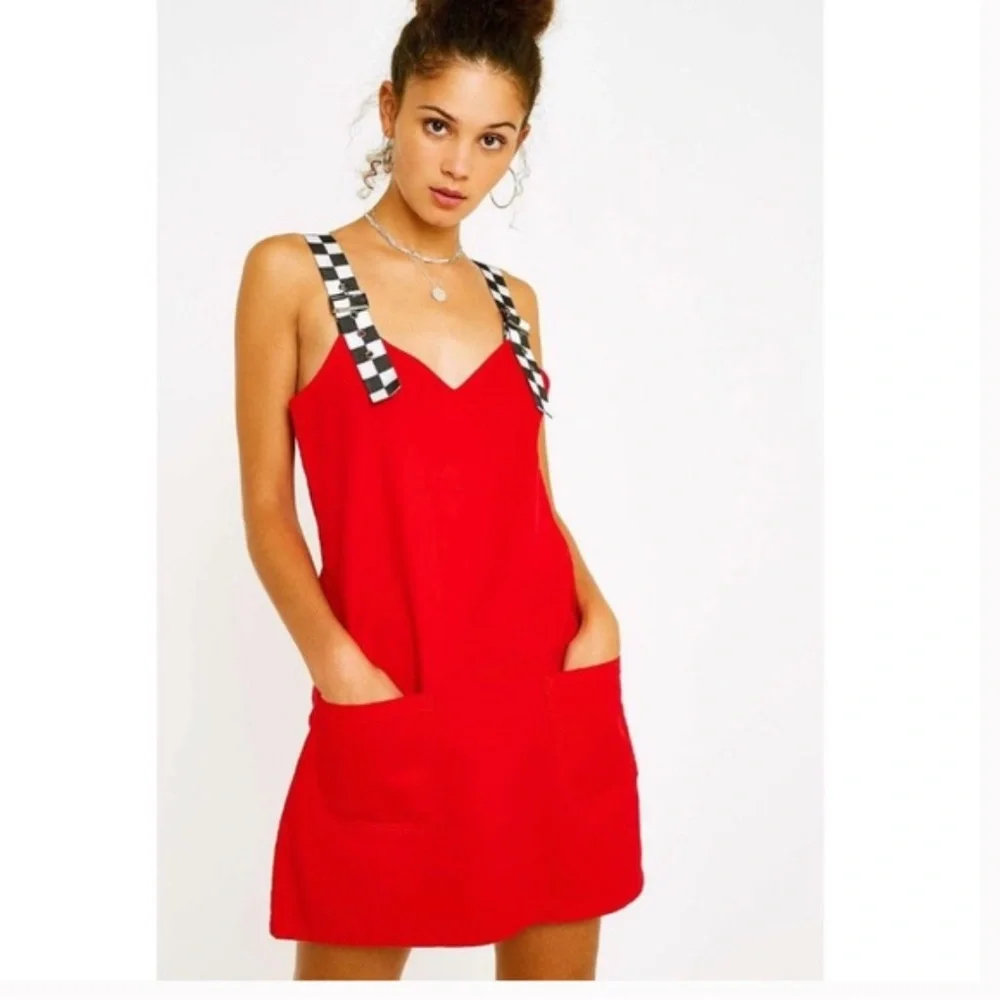 Lazy Oaf Checkered Buckle-Strap Pinafore Red Mini Dress - Picture 2 of 15